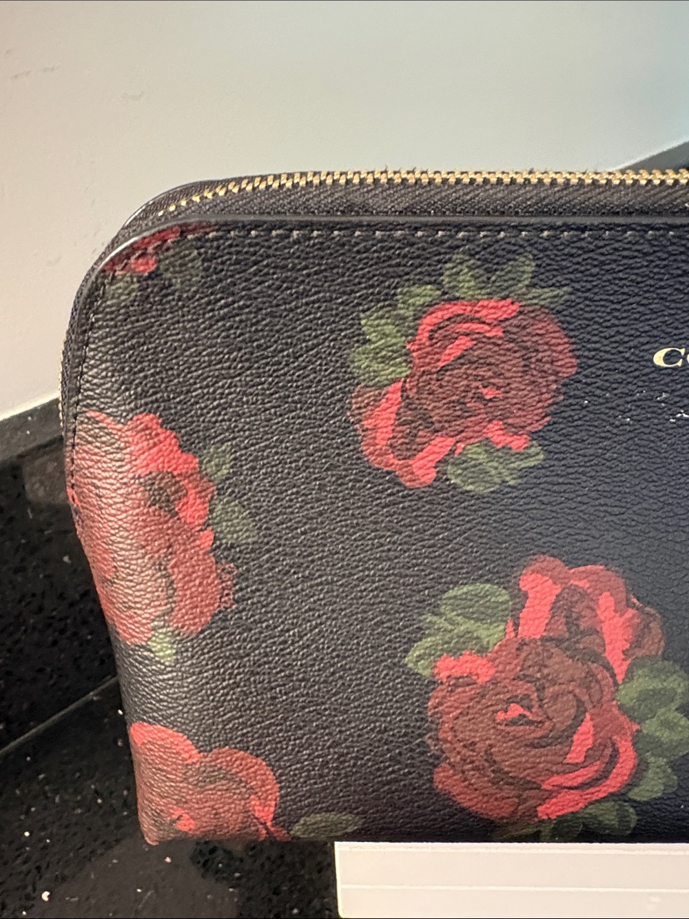 *COACH Black Rose Print Zip Cosmetic Ditty Pouch Bag Clutch Shabby Chic Goth - Picture 5 of 16